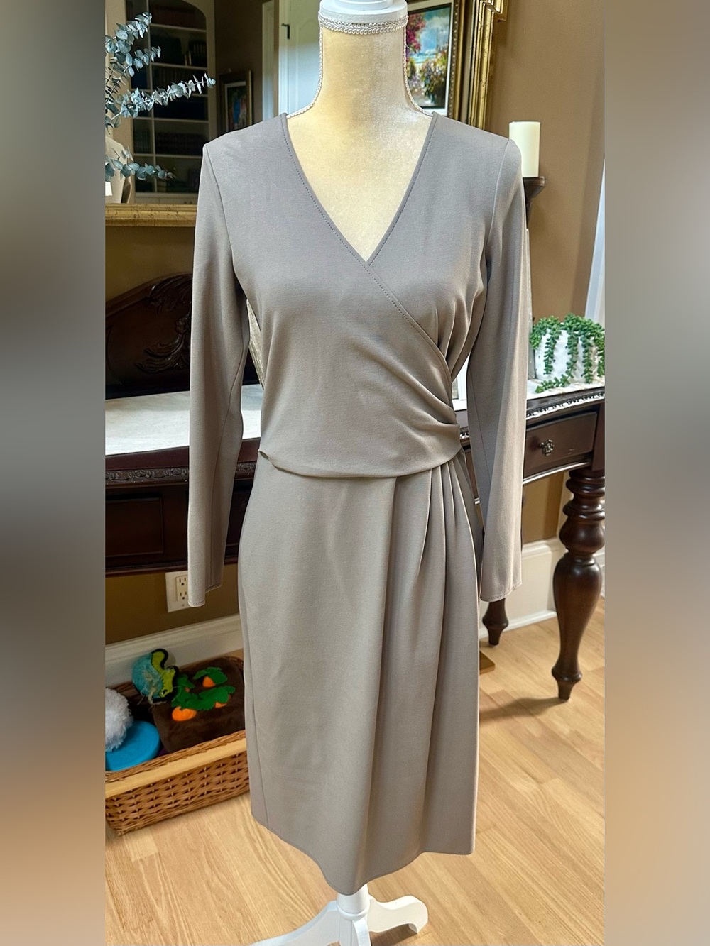 Armani Collezioni Taupe Wrap-Style Long Sleeve Dress